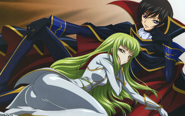 Обои картинки фото code geass, аниме, парень, фон, взгляд, девушка