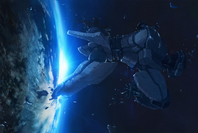 Обои картинки фото аниме, оружие,  техника,  технологии, робот, планета, космос