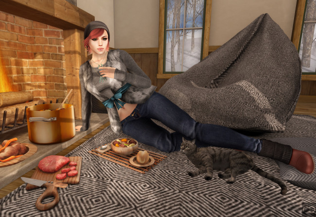 Обои картинки фото 3д графика, люди , people, интерьер, кот, фон, взгляд, девушка