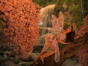 обоя фэнтези, феи, фон, крылья, взгляд, девушка