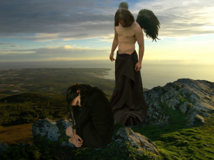 Картинка фэнтези фотоарт девушка мужчина фон крылья море