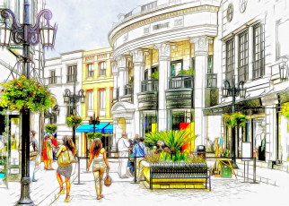 Картинка рисованное города штрих город дома улица люди