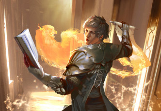 Картинка фэнтези маги +волшебники феникс свиток мужчина книга маг магия огонь