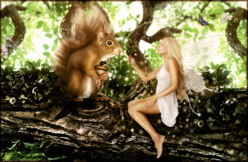 Картинка фэнтези фотоарт крылья белка фон девушка