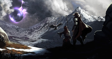 Картинка фэнтези люди сфера мужчина женщина орел птица горы пейзаж небо