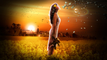 Картинка разное компьютерный+дизайн девушка фон ветка поле мишка небо