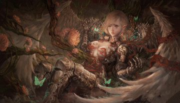 Картинка фэнтези ангелы девушка фон крылья латы