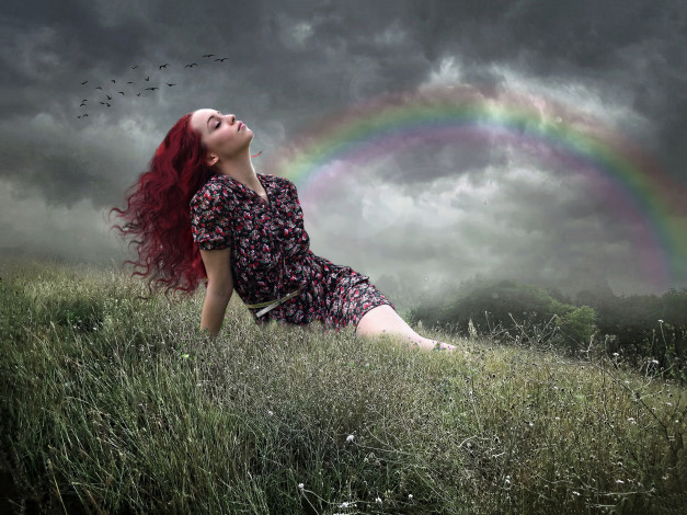 Обои картинки фото разное, компьютерный дизайн, девушка, фон, поле, радуга