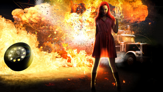 Обои картинки фото фэнтези, фотоарт, девушка, фон, взгляд, грузовик, огонь, колесо