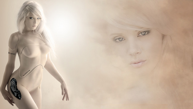 Обои картинки фото фэнтези, роботы,  киборги,  механизмы, девушка, фон, взгляд