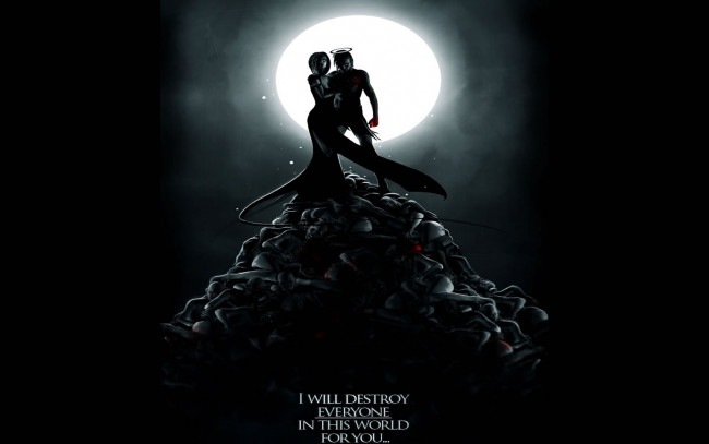 Обои картинки фото фэнтези, нежить, парень, нимб, луна, гора, трупы, девушка