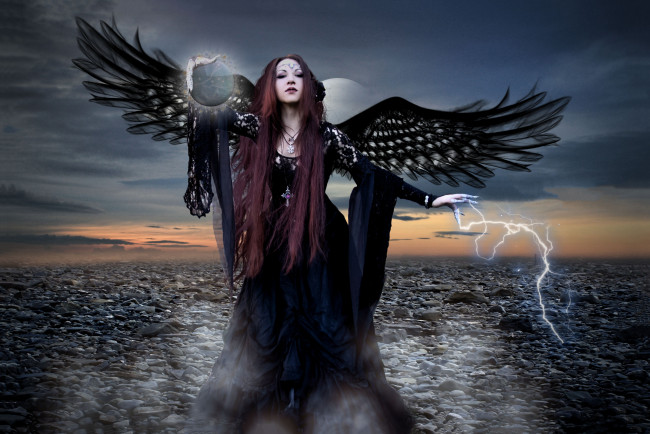 Обои картинки фото фэнтези, фотоарт, девушка, фон, взгляд, крылья, молния