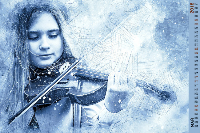 Обои картинки фото календари, компьютерный дизайн, девочка, лицо, скрипка