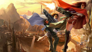 обоя видео игры, 2029 online, оружие, город, девушка, парень, горы