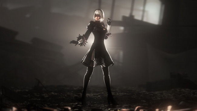 Обои картинки фото видео игры, nier,  automata, платье, маска, фон, девушка