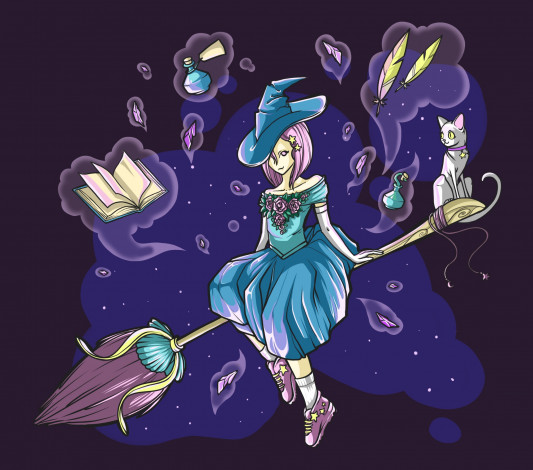 Обои картинки фото фэнтези, маги,  волшебники, ведьма, метла, кот, книга, перья, флаконы