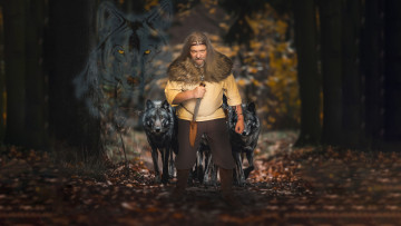 обоя разное, компьютерный дизайн, мужчина, волки