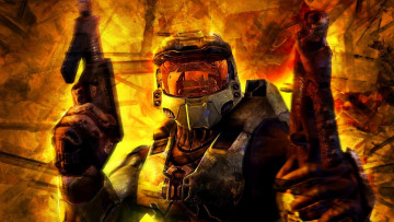обоя видео игры, halo 2, воин, шлем, доспехи, оружие, огонь