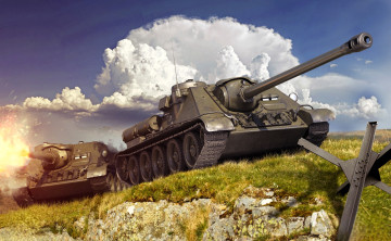 обоя видео игры, world of tanks, танки, лужайка, облака