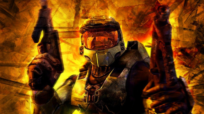 Обои картинки фото видео игры, halo 2, воин, шлем, доспехи, оружие, огонь