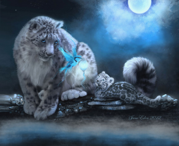 Обои картинки фото рисованные, животные, тигры, луна, птица