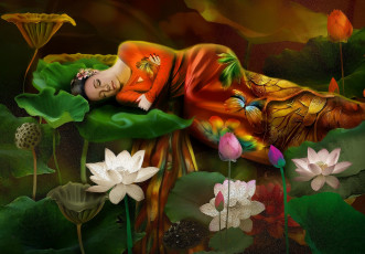 Картинка фэнтези девушки отдых лотосы