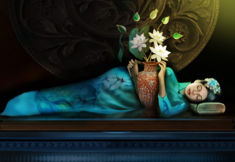 Картинка фэнтези девушки лотосы отдых