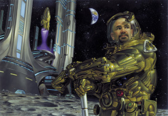 Картинка фэнтези люди поверхность земля луна астронавт планета база космическая