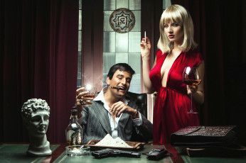 Картинка разное мужчина+женщина сигара бокал спирное парень девушка платье сигарета пистолет белый порошок