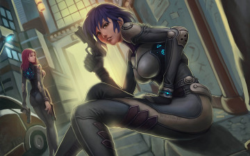 Картинка фэнтези девушки комбинезоны будущее оружие солдаты