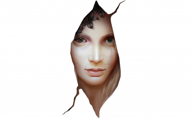 Обои картинки фото фэнтези, девушки, узор, белый, фон, шрам, цветы, девушка