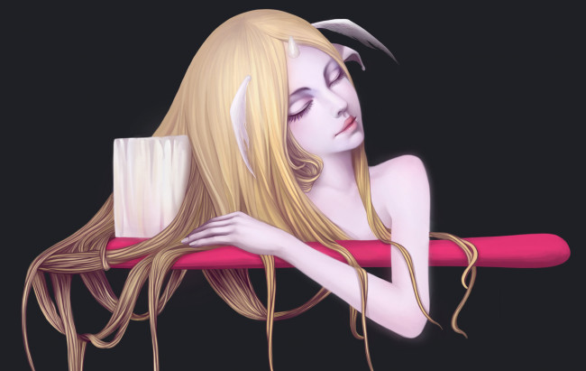 Обои картинки фото фэнтези, существа, щетка, крылья, рог, девушка