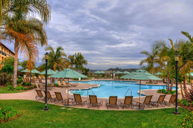 Обои картинки фото интерьер, бассейны,  открытые площадки, шезлонги, бассейн, отель, пальмы