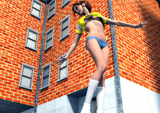 Картинка 3д+графика люди+ people девушка взгляд дом шорты улыбка фон