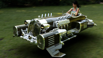 Картинка 3д+графика фантазия+ fantasy полет автомобиль фон взгляд девушка
