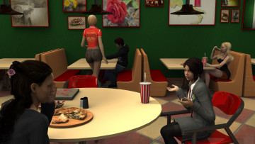 Картинка 3д+графика люди+ people фон стол взгляд девушки