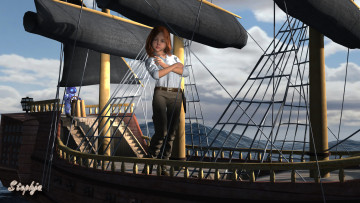 Картинка 3д+графика люди+ people фон взгляд девушка корабль