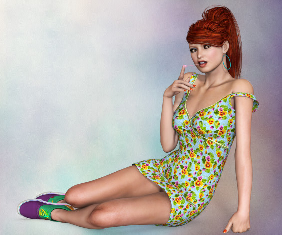 Обои картинки фото 3д графика, люди , people, фон, взгляд, девушка, рыжая