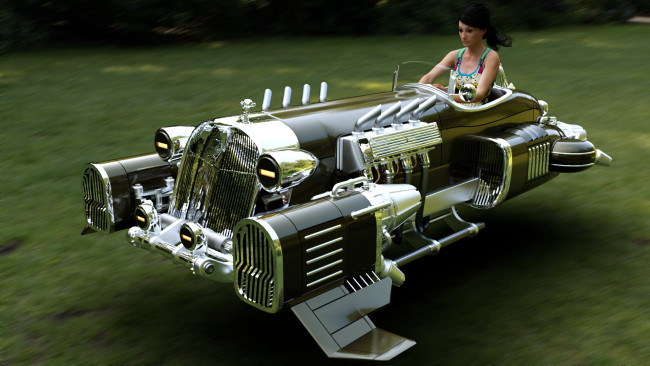 Обои картинки фото 3д графика, фантазия , fantasy, полет, автомобиль, фон, взгляд, девушка