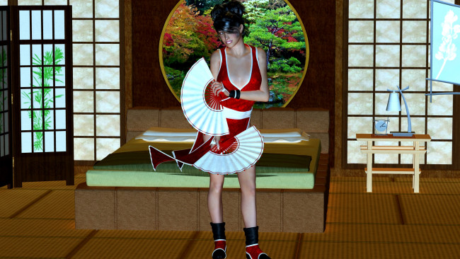 Обои картинки фото 3д графика, люди , people, веер, фон, взгляд, девушка