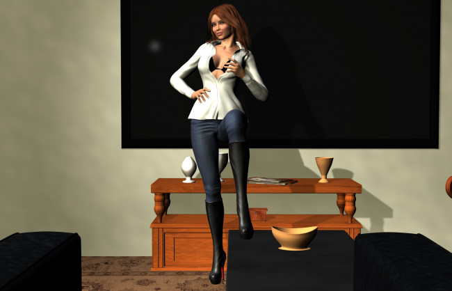 Обои картинки фото 3д графика, люди , people, посуда, фон, улыбка, взгляд, девушка