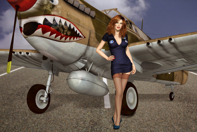 Обои картинки фото 3д графика, люди , people, взгляд, девушка, самолет, рыжая, фон