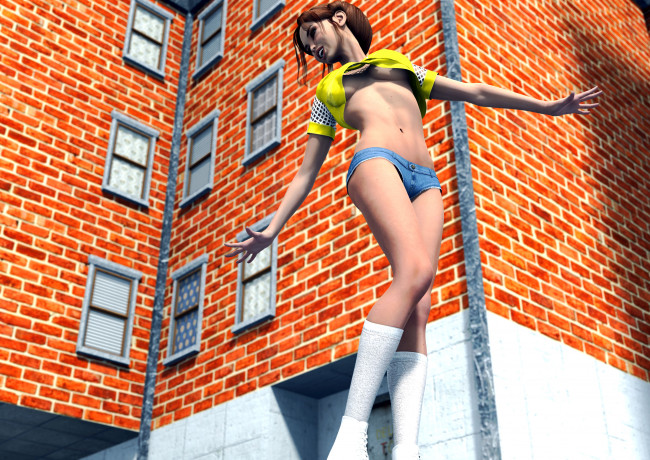 Обои картинки фото 3д графика, люди , people, девушка, взгляд, дом, шорты, улыбка, фон