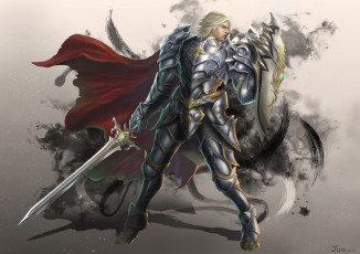 Картинка фэнтези люди фантастика арт воин броня доспехи взгляд меч оружие щит поза