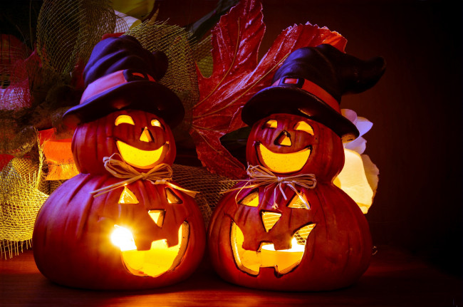 Обои картинки фото праздничные, хэллоуин, шляпы, тыквы