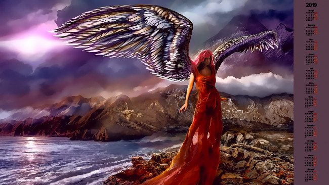 Обои картинки фото календари, фэнтези, водоем, крылья, камни, женщина