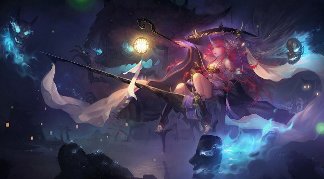 Обои картинки фото аниме, магия,  колдовство,  halloween, девушка, фон, существо, рог, полет