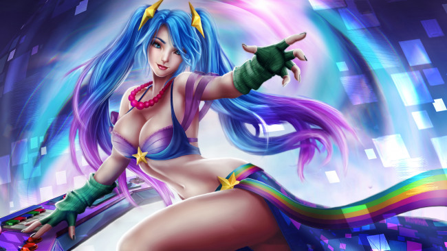 Обои картинки фото видео игры, league of legends, девушка, фон, взгляд, платье, клавишные