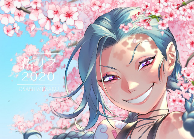 Обои картинки фото видео игры, league of legends, джинкс, лицо, улыбка, сакура