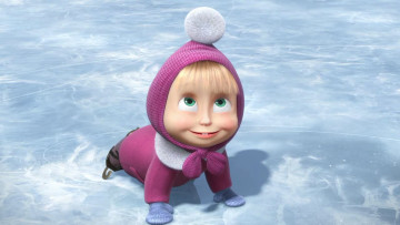 обоя мультфильмы, маша и медведь, маша, шапка, коньки, лед